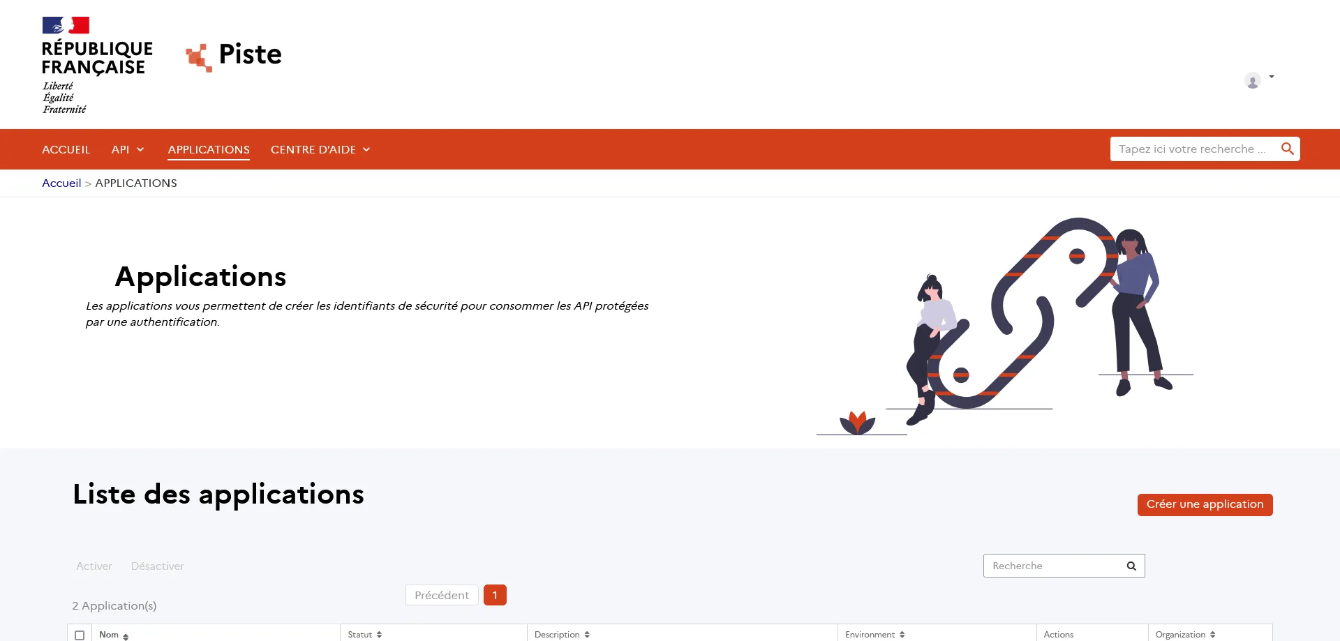 Capture d'écran du site de Piste, page de création d'une application