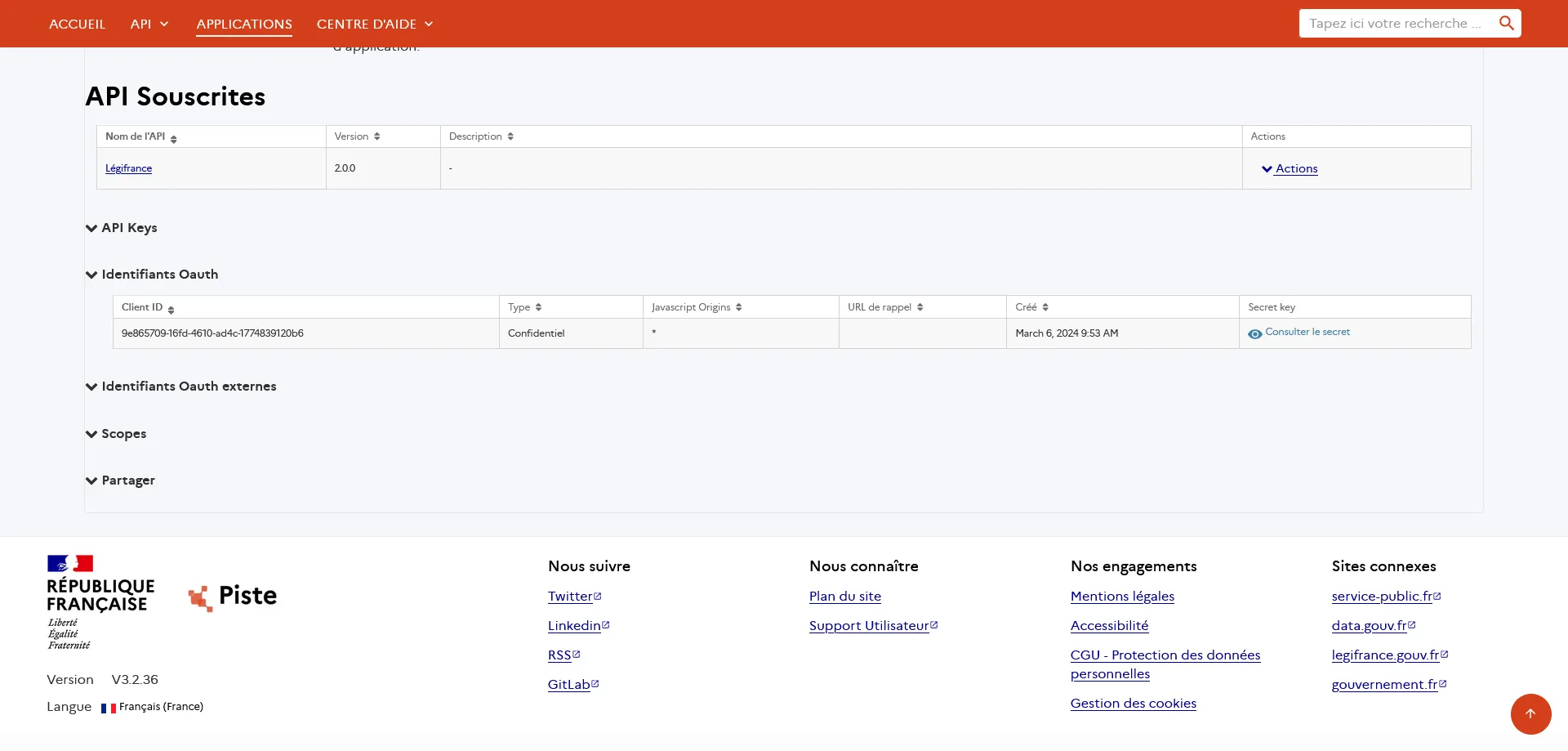 Capture d'écran du site de Piste, page de consultation des applications, récupération des identifiants